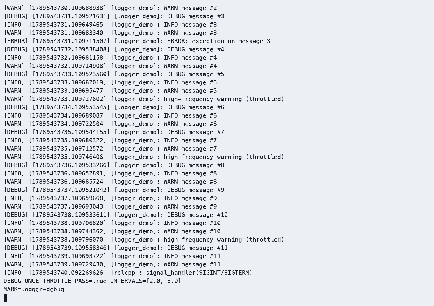 COM260 logger_demo 的 DEBUG、INFO、WARN 与第 3 次 ERROR 日志。