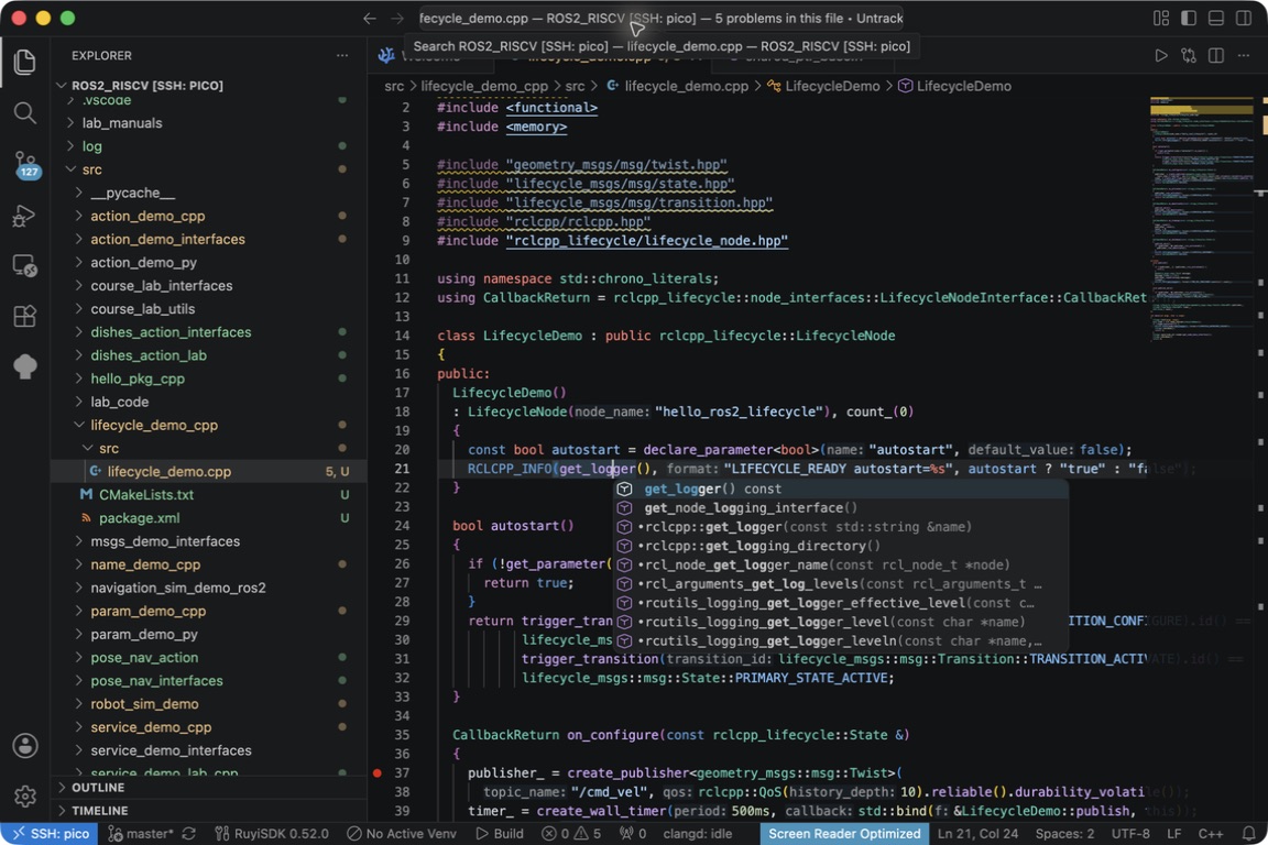 clangd 对现有 get_logger 前缀给出 get_logger() const 等语义补全；本次未插入或修改源码。