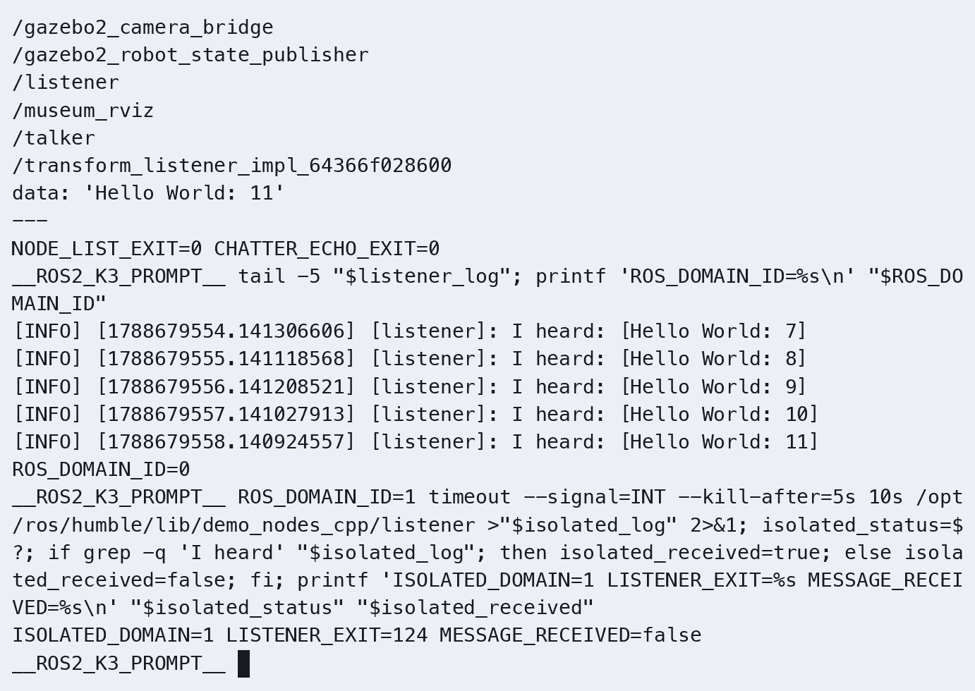K3 的 Domain 1 listener 在 10 秒观察窗口内未收到 Domain 0 消息，timeout 返回 124。